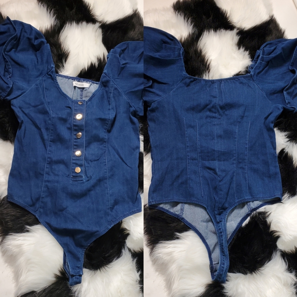 Puff Sleeve Denim Bodysuit - Picture 5 of 9